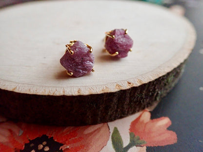 Raw Ruby Stud Earrings | July Birthstone Gift | Natural Pink Gemstone Post Earrings