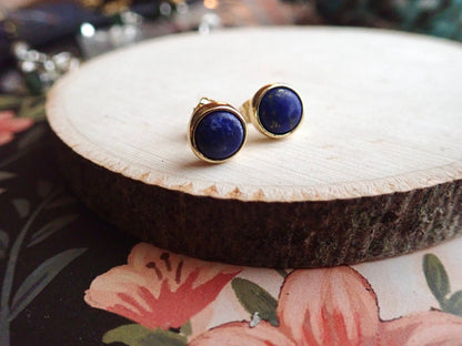 Deep Blue Lapis Stud Earrings – Classic 14k Gold Plated Bezel Design - September Birthstone