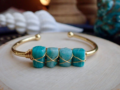 Raw Amazonite Cuff Bracelet – Gold- Wire Wrapped Gemstone Bangle, Adjustable Turquoise Blue Stacking Bracelet