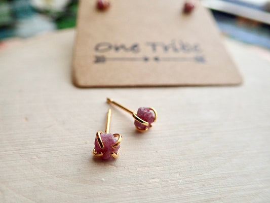 Tiny Raw Ruby Stud Earrings -14K Gold Plated - July Birthstone Earrings - Natural Gemstone Earrings