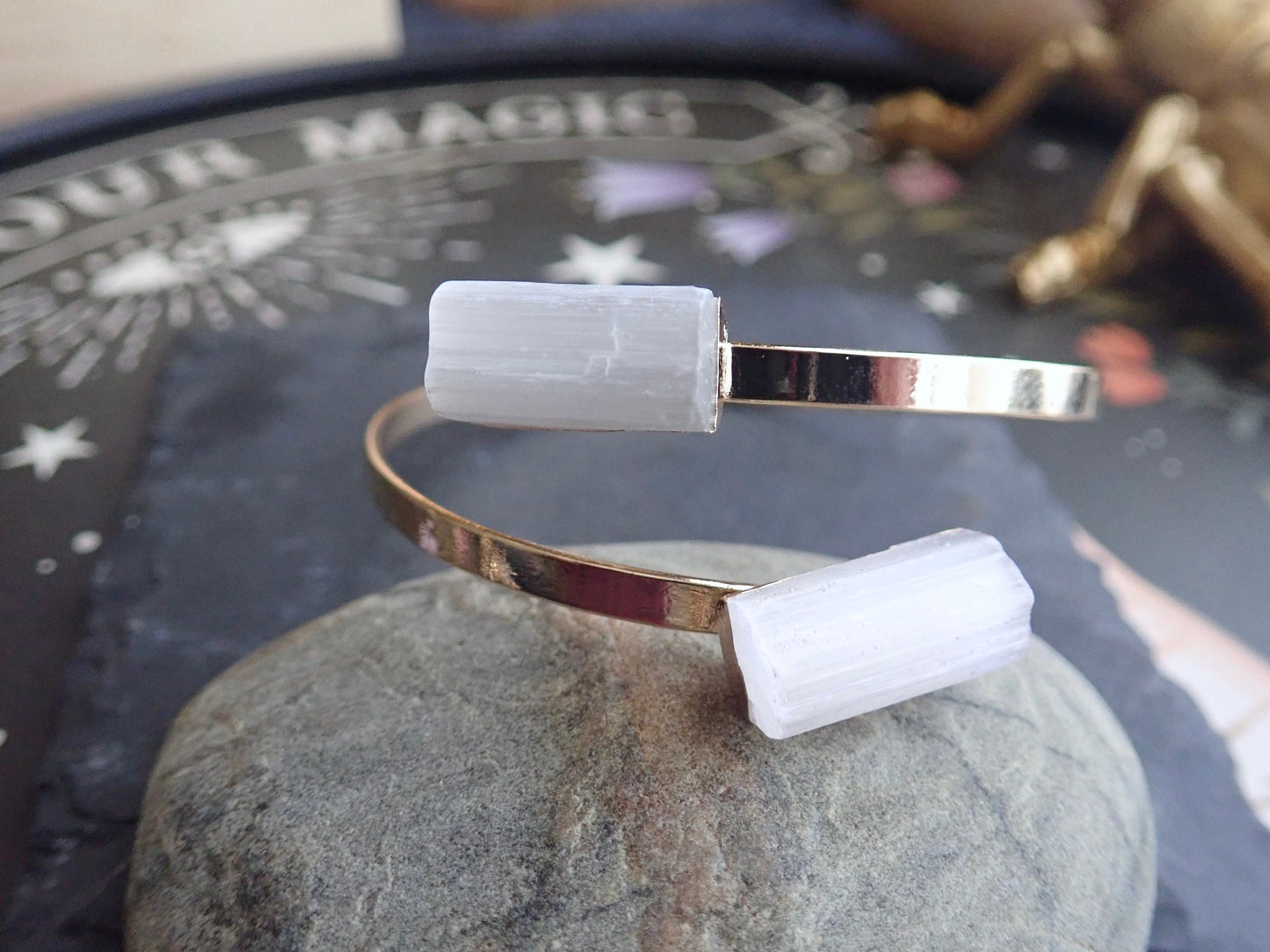 Selenite Cuff Bracelet,  Boho Double Gemstone Bracelet, White Stone Wrap Bracelet