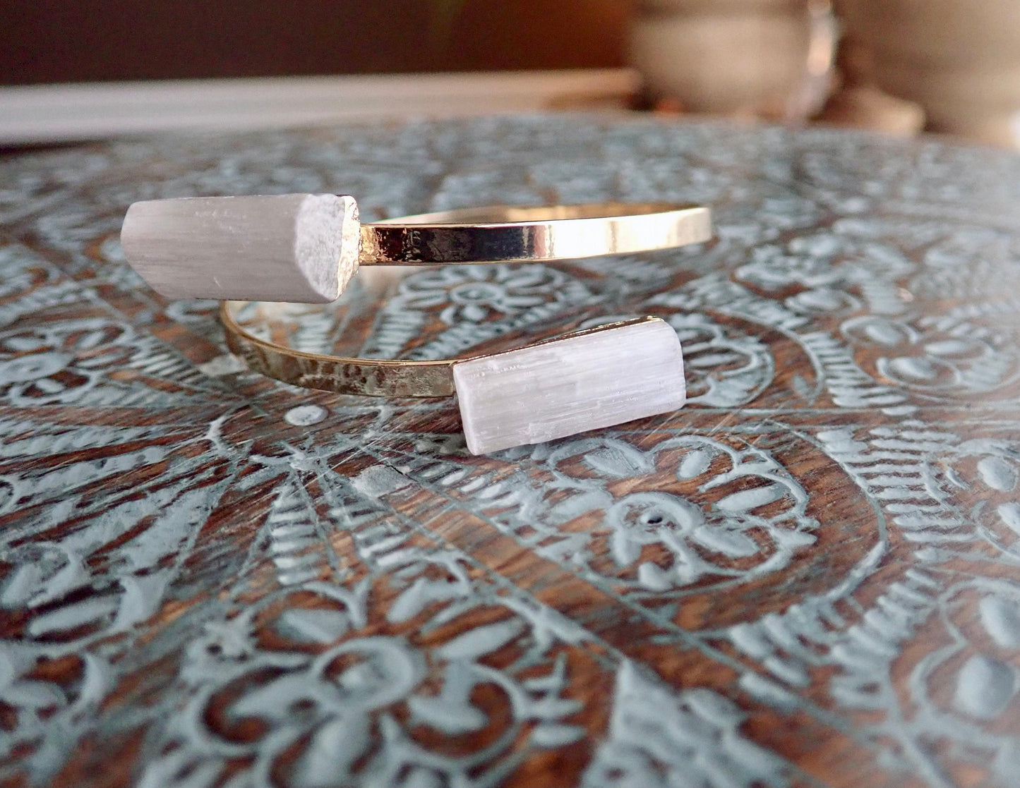 Selenite Cuff Bracelet,  Boho Double Gemstone Bracelet, White Stone Wrap Bracelet