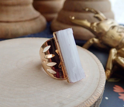 Chunky Selenite Ring, Large White Crystal Gemstone Ring,Raw Stone Statement Ring Adjustable