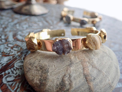 Druzy Cuff Bracelet Gold | Multi Stone Cuff Bracelet | Natural Gemstone Bangle | Boho Raw Crystal Jewelry | Statement Stacking Bracelet