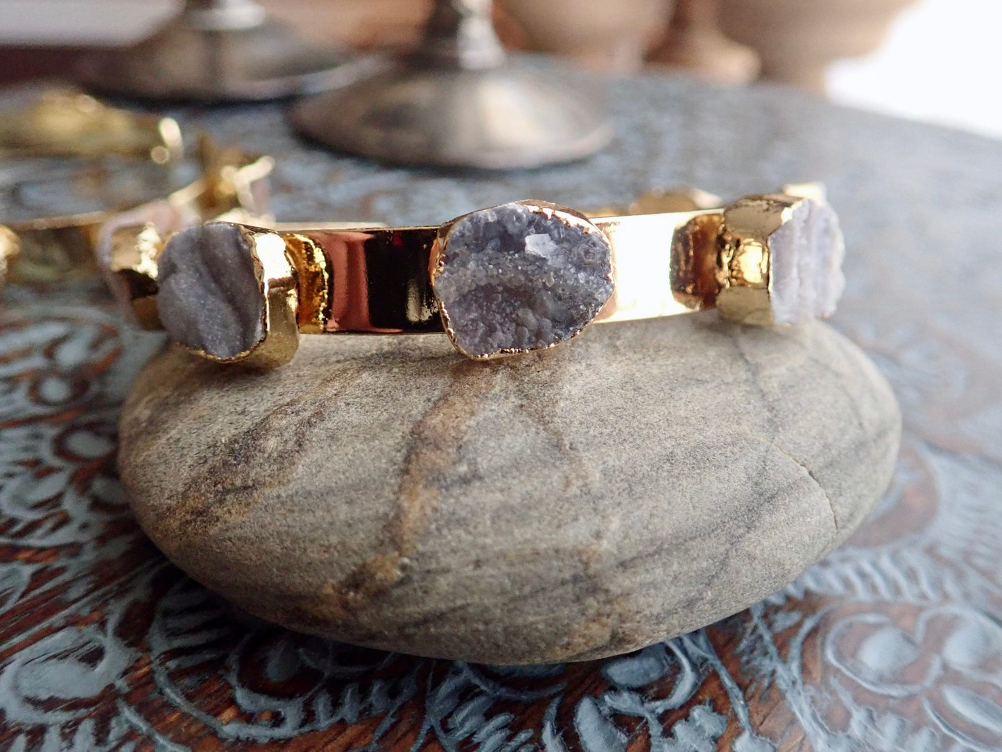 Druzy Cuff Bracelet Gold | Multi Stone Cuff Bracelet | Natural Gemstone Bangle | Boho Raw Crystal Jewelry | Statement Stacking Bracelet