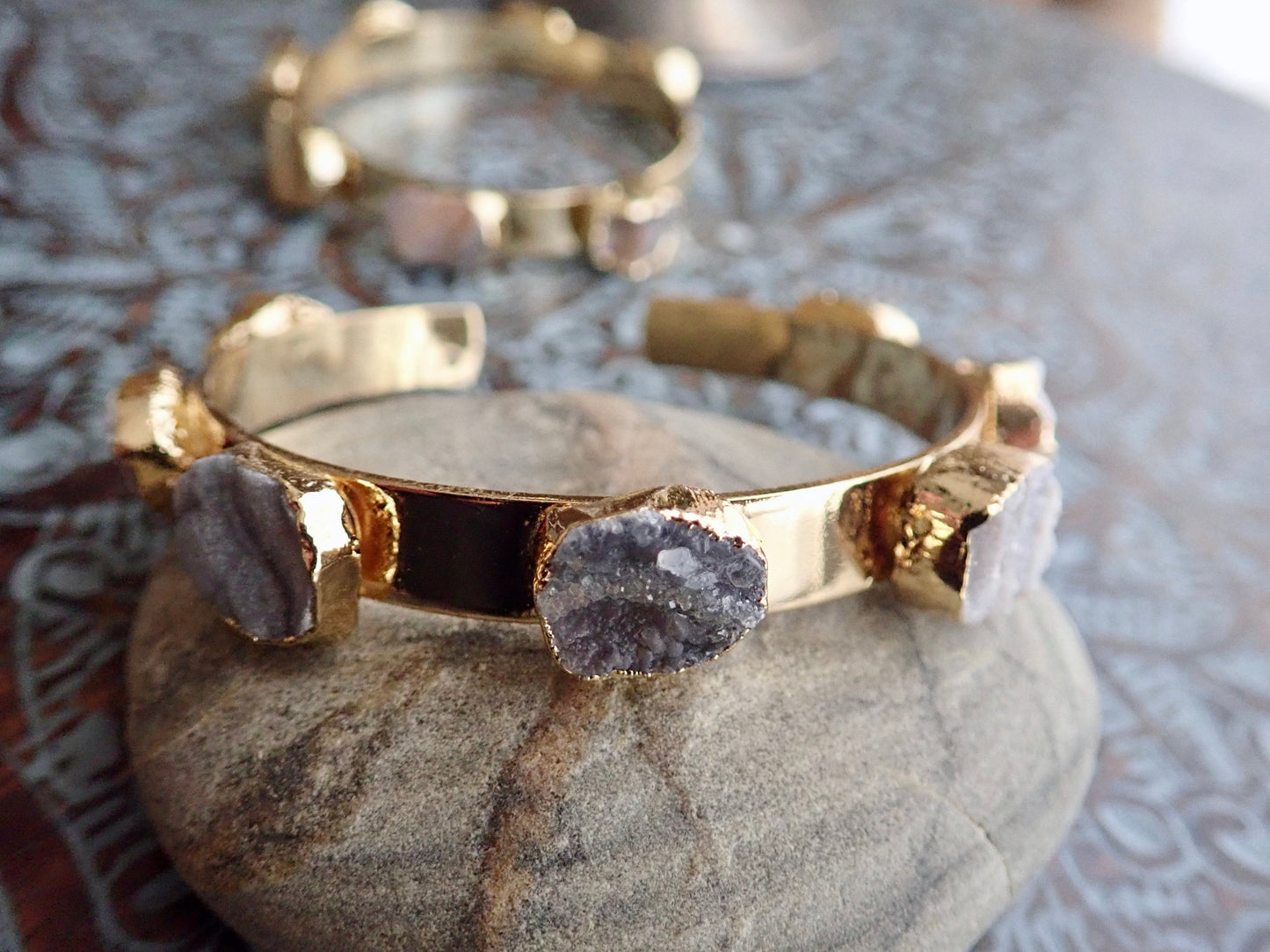 Druzy Cuff Bracelet Gold | Multi Stone Cuff Bracelet | Natural Gemstone Bangle | Boho Raw Crystal Jewelry | Statement Stacking Bracelet