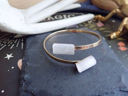 Selenite Cuff Bracelet,  Boho Double Gemstone Bracelet, White Stone Wrap Bracelet
