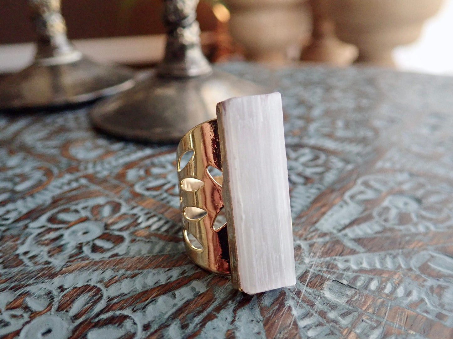 Chunky Selenite Ring, Large White Crystal Gemstone Ring,Raw Stone Statement Ring Adjustable