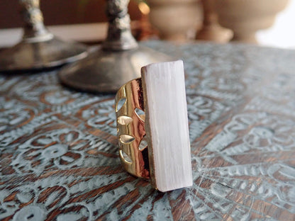 Chunky Selenite Ring, Large White Crystal Gemstone Ring,Raw Stone Statement Ring Adjustable