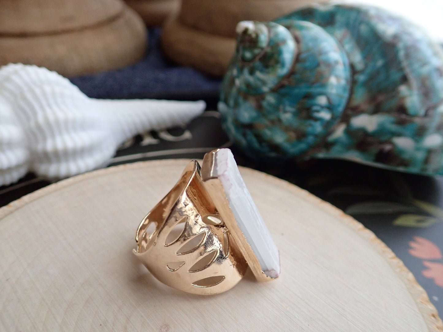 Chunky Selenite Ring, Large White Crystal Gemstone Ring,Raw Stone Statement Ring Adjustable