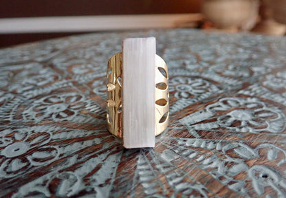 Chunky Selenite Ring, Large White Crystal Gemstone Ring,Raw Stone Statement Ring Adjustable