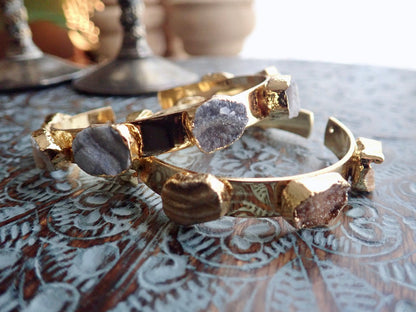 Druzy Cuff Bracelet Gold | Multi Stone Cuff Bracelet | Natural Gemstone Bangle | Boho Raw Crystal Jewelry | Statement Stacking Bracelet