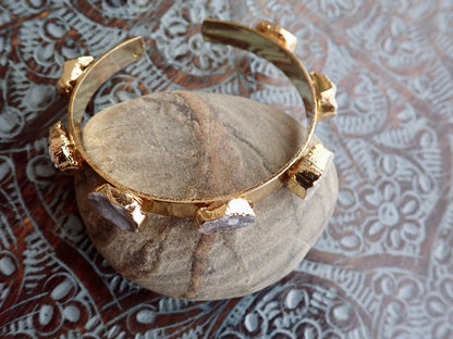 Druzy Cuff Bracelet Gold | Multi Stone Cuff Bracelet | Natural Gemstone Bangle | Boho Raw Crystal Jewelry | Statement Stacking Bracelet