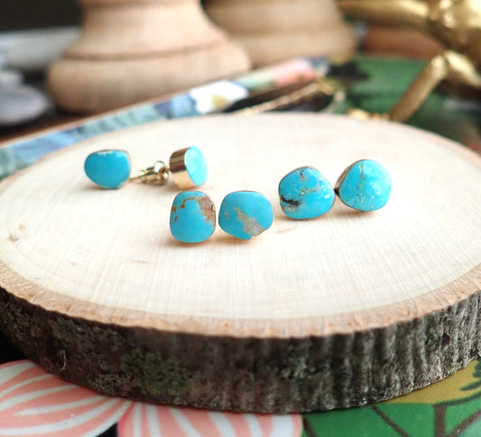 Genuine Turquoise Stud Earrings – 14k Gold Electroplated Setting