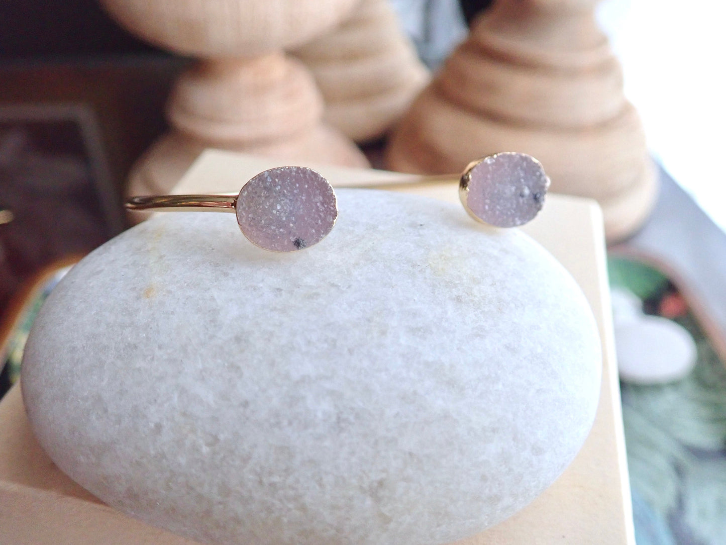 Druzy Cuff Bracelet | Adjustable Gold Gemstone Bracelet | Natural Crystal Open Cuff | Minimalist Gemstone Jewelry | Gift for Her