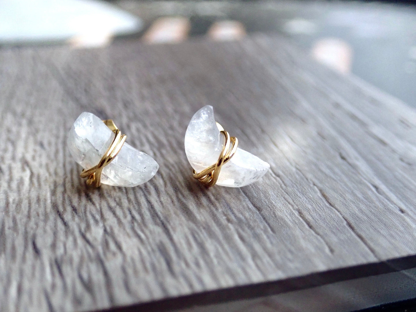 Moonstone Stud Earrings, Crescent Moon Post Earrings, Wire Wrap Gemstone Earrings,June Birthstone Gift, Moonstone Jewelry,Wire Wrap Crystal