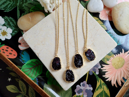Raw Garnet Slice Necklace – 14k Gold Electroplated | 18k Gold Fill Chain in Cable or Wheat Style