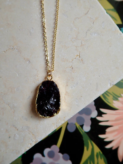 Raw Garnet Slice Necklace – 14k Gold Electroplated | 18k Gold Fill Chain in Cable or Wheat Style