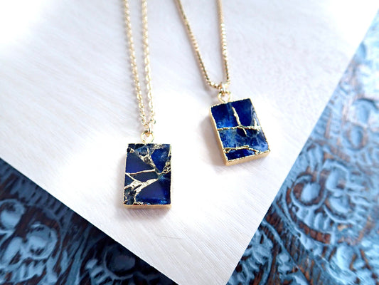 Mojave Turquoise & Sapphire Pendant Necklace – Rectangular Charm on 18k Gold Filled Chain