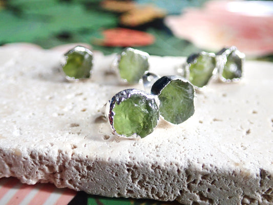 Raw Peridot Stud Earrings – Sterling Silver Electroplated | Natural August Birthstone Jewelry