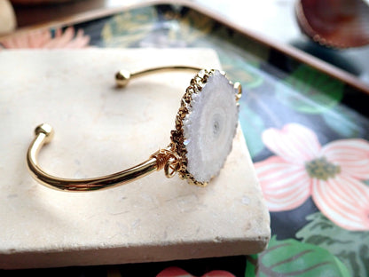 Solar Quartz Slice Open Cuff Bracelet | Gold Gemstone Bracelet | Natural Crystal Jewelry | Boho Statement Bracelet | Gift for Her
