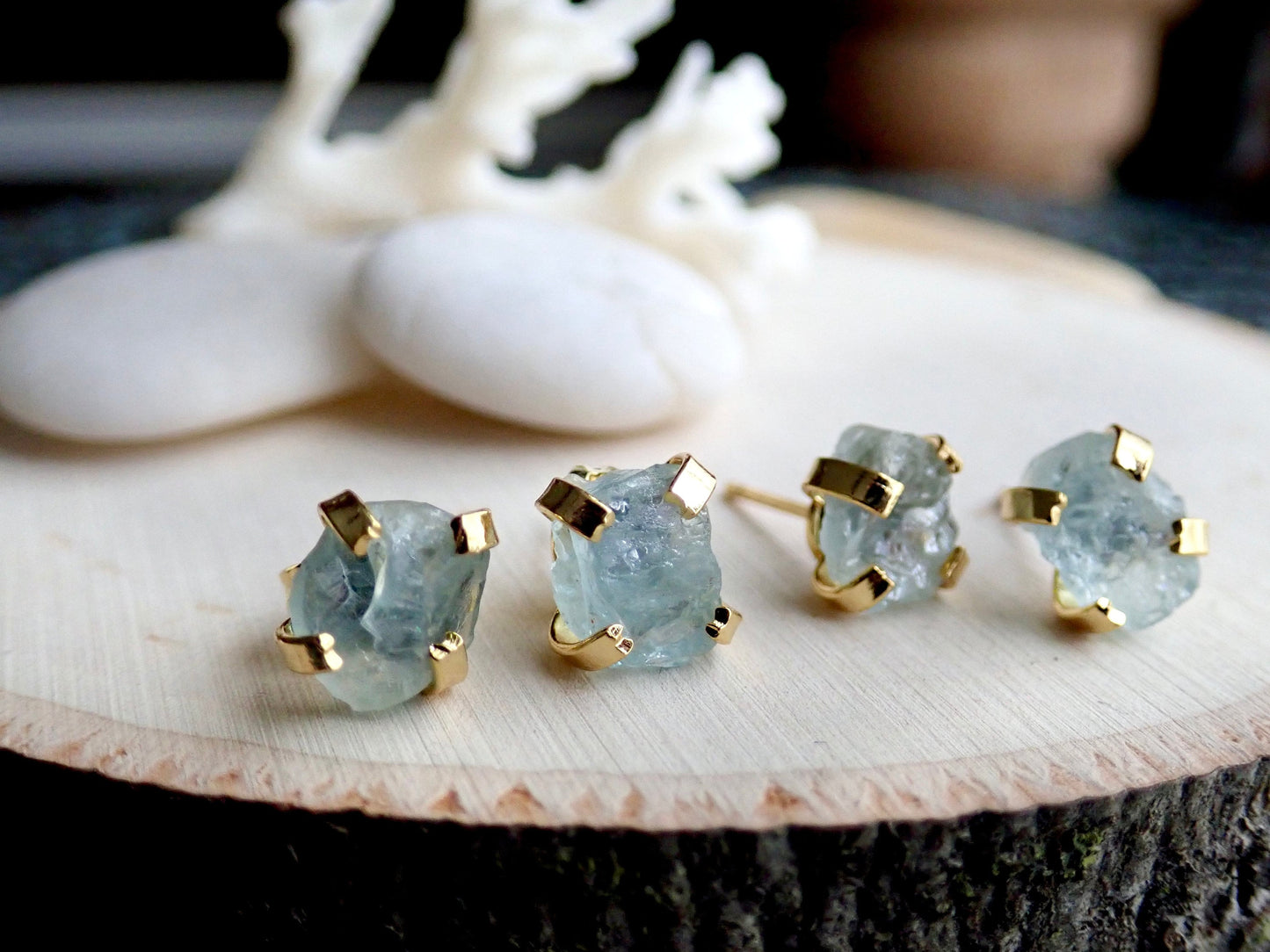Raw Aquamarine Stud Earrings • Natural Gemstone Earrings, 14k Gold Studs, March Birthstone, Raw Crystal Jewelry, Minimalist Gift for Her