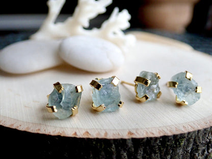 Raw Aquamarine Stud Earrings • Natural Gemstone Earrings, 14k Gold Studs, March Birthstone, Raw Crystal Jewelry, Minimalist Gift for Her