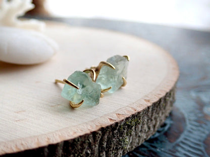 Raw Fluorite Stud Earrings – 14k Gold Plated Prong Set | Natural Crystal Earrings for Women