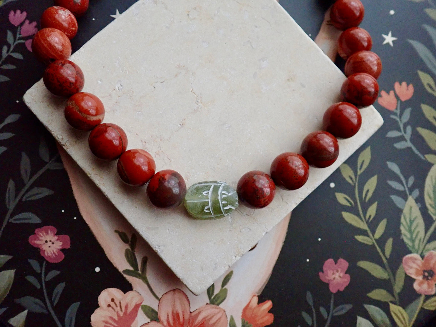 Red Jasper Scarab Necklace, Chunky Beaded Necklace, Scarab Necklace, Gemstone Statement Necklace, Serpentine Pendant, Egyptian Jewelry