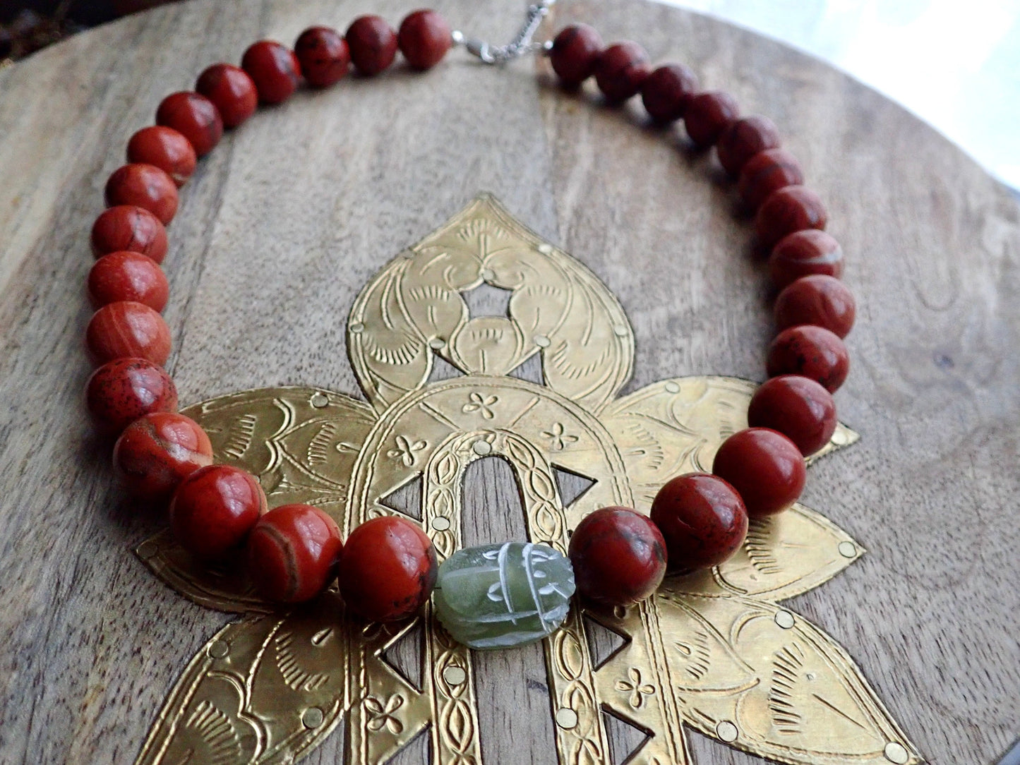 Red Jasper Scarab Necklace, Chunky Beaded Necklace, Scarab Necklace, Gemstone Statement Necklace, Serpentine Pendant, Egyptian Jewelry