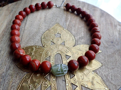 Red Jasper Scarab Necklace, Chunky Beaded Necklace, Scarab Necklace, Gemstone Statement Necklace, Serpentine Pendant, Egyptian Jewelry