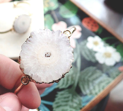 Solar Quartz Slice Open Cuff Bracelet | Gold Gemstone Bracelet | Natural Crystal Jewelry | Boho Statement Bracelet | Gift for Her