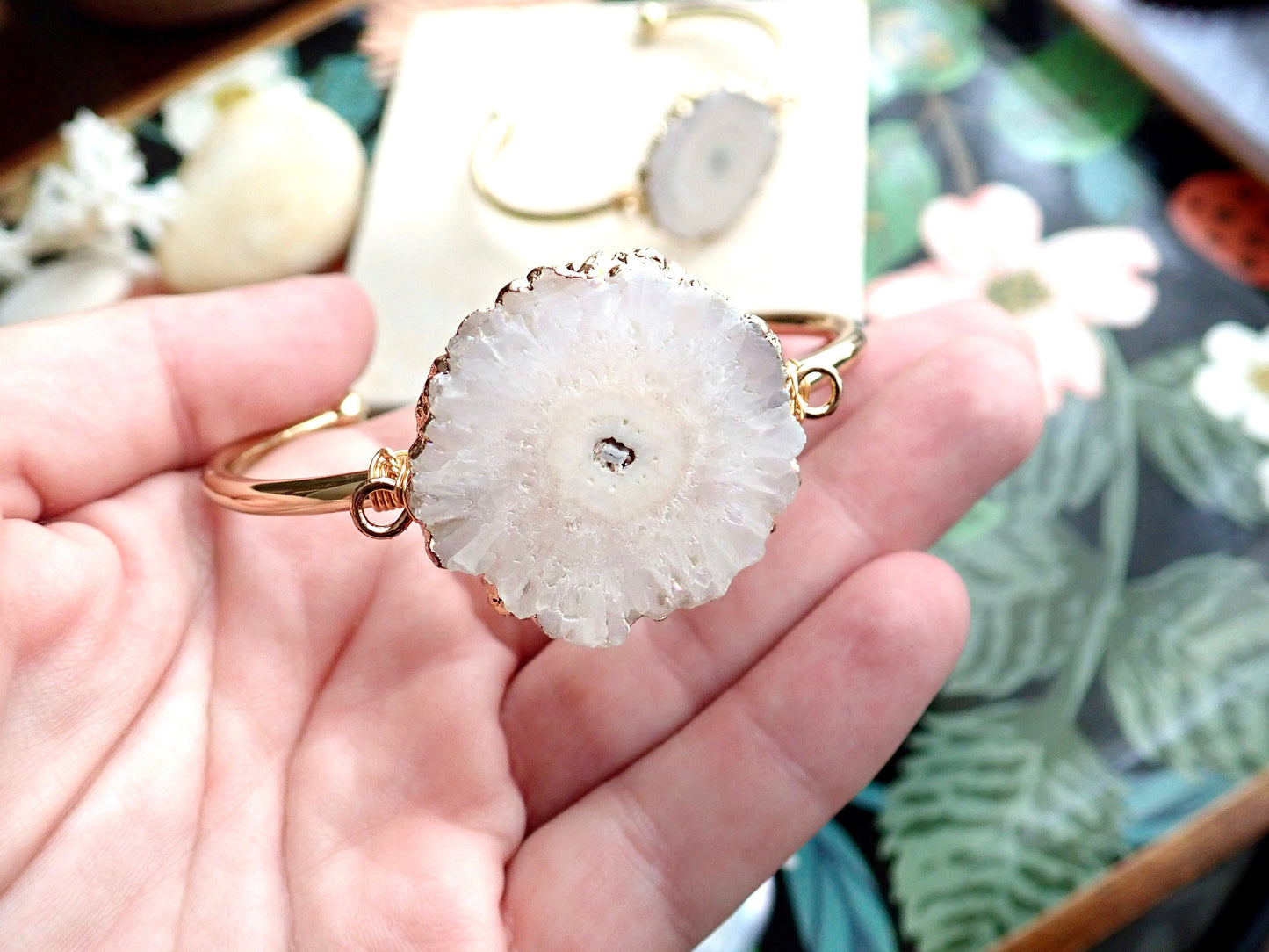 Solar Quartz Slice Open Cuff Bracelet | Gold Gemstone Bracelet | Natural Crystal Jewelry | Boho Statement Bracelet | Gift for Her