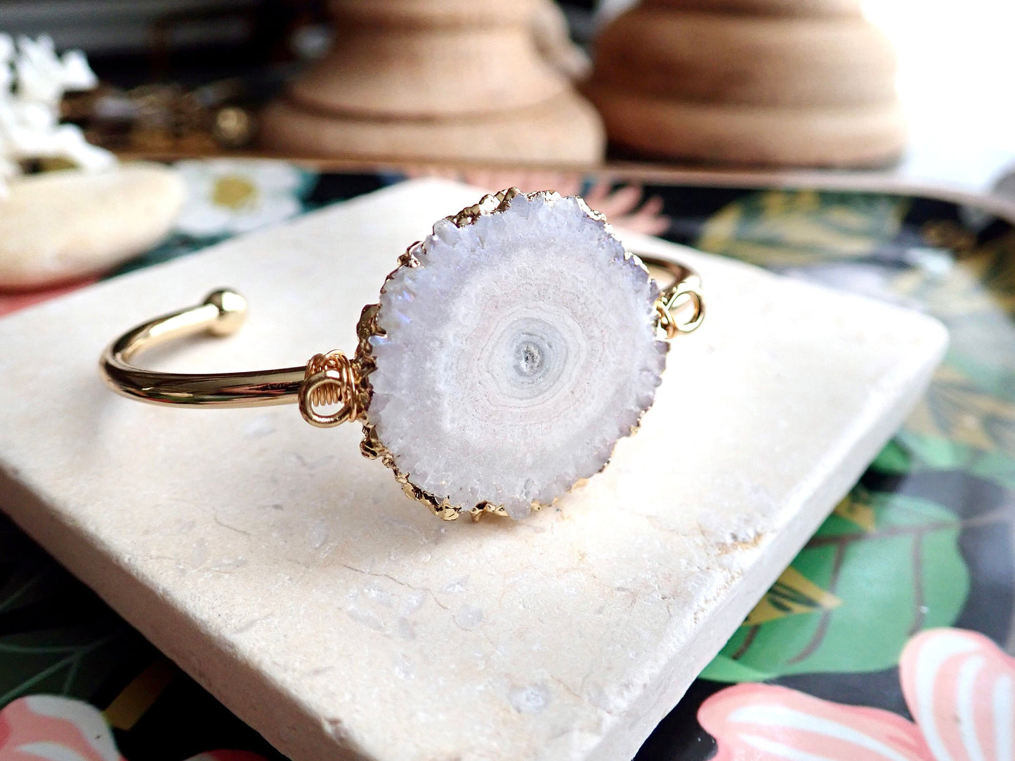 Solar Quartz Slice Open Cuff Bracelet | Gold Gemstone Bracelet | Natural Crystal Jewelry | Boho Statement Bracelet | Gift for Her