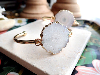 Solar Quartz Slice Open Cuff Bracelet | Gold Gemstone Bracelet | Natural Crystal Jewelry | Boho Statement Bracelet | Gift for Her
