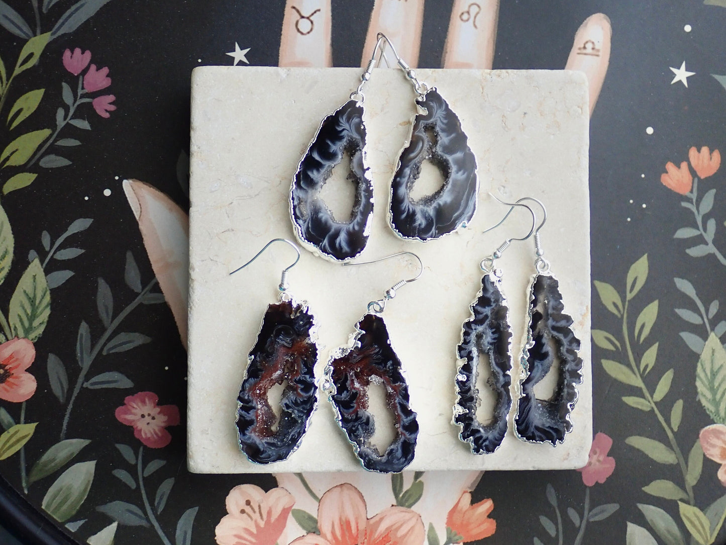 Geode Slicee Earrings Silver, | Boho Agate Crystal Jewelry