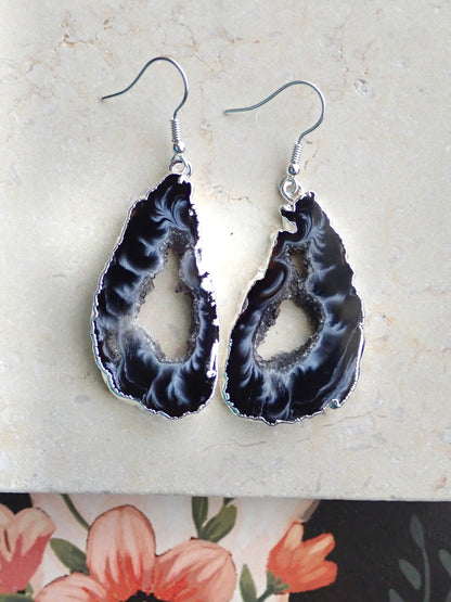 Geode Slicee Earrings Silver, | Boho Agate Crystal Jewelry