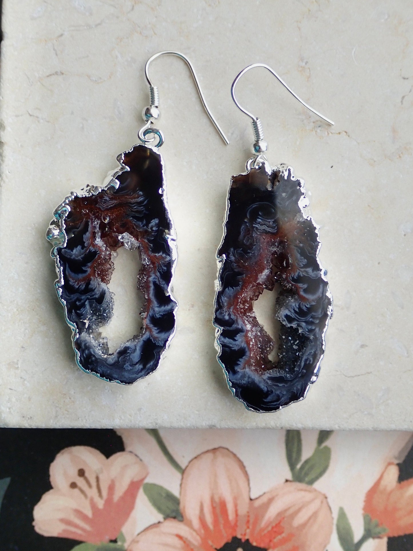 Geode Slicee Earrings Silver, | Boho Agate Crystal Jewelry