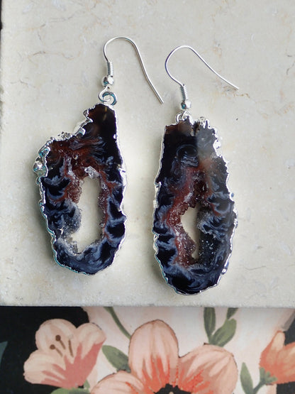 Geode Slicee Earrings Silver, | Boho Agate Crystal Jewelry