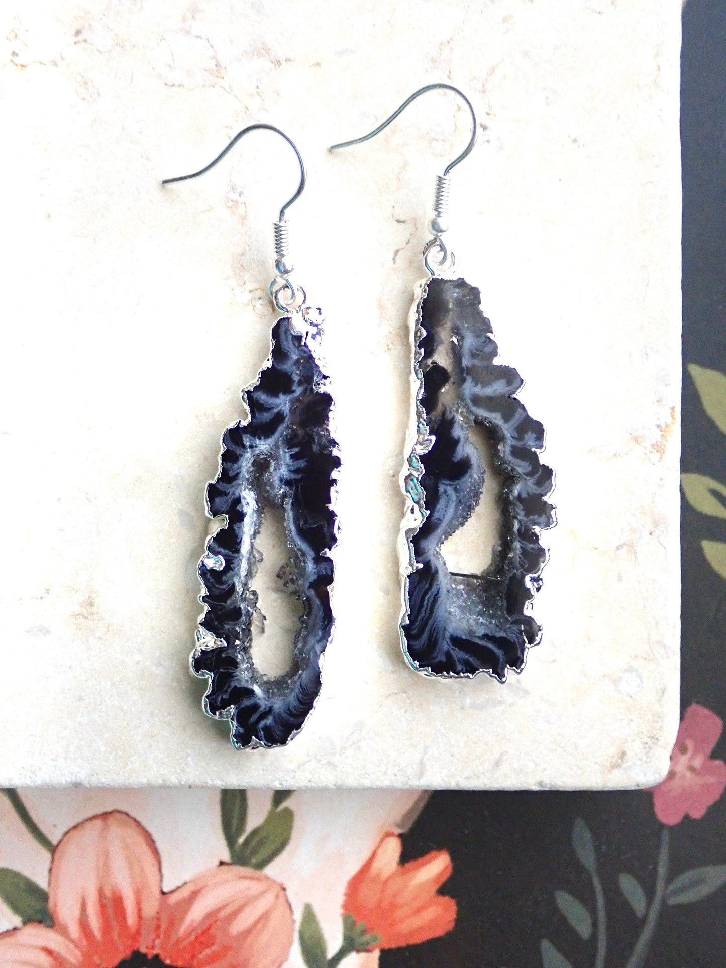 Geode Slicee Earrings Silver, | Boho Agate Crystal Jewelry