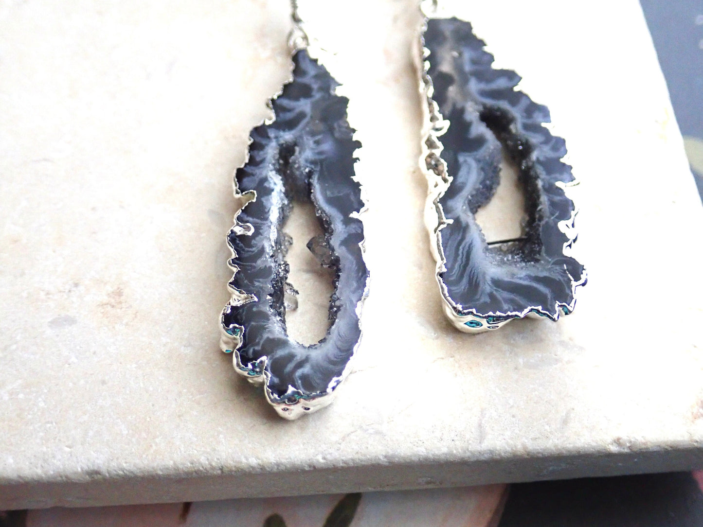 Geode Slicee Earrings Silver, | Boho Agate Crystal Jewelry