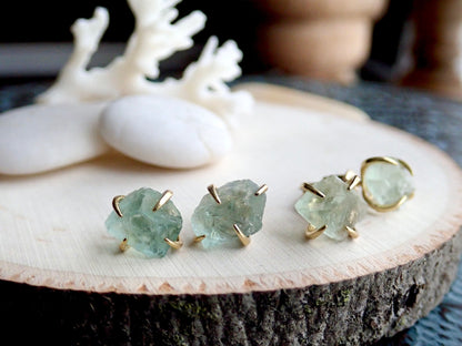 Raw Fluorite Stud Earrings – 14k Gold Plated Prong Set | Natural Crystal Earrings for Women