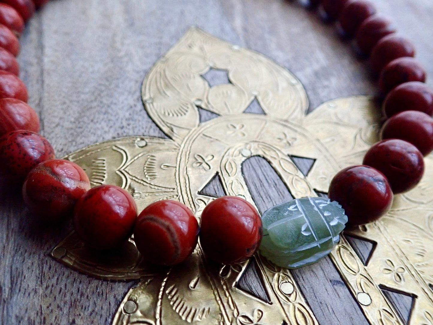 Red Jasper Scarab Necklace, Chunky Beaded Necklace, Scarab Necklace, Gemstone Statement Necklace, Serpentine Pendant, Egyptian Jewelry