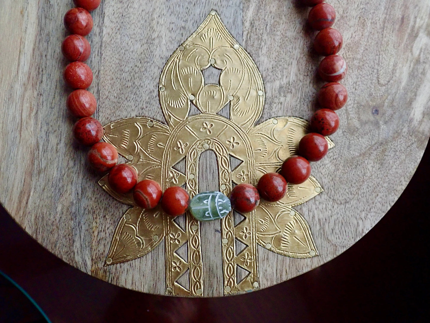 Red Jasper Scarab Necklace, Chunky Beaded Necklace, Scarab Necklace, Gemstone Statement Necklace, Serpentine Pendant, Egyptian Jewelry