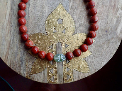Red Jasper Scarab Necklace, Chunky Beaded Necklace, Scarab Necklace, Gemstone Statement Necklace, Serpentine Pendant, Egyptian Jewelry