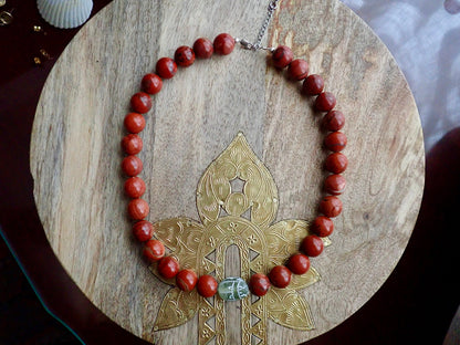 Red Jasper Scarab Necklace, Chunky Beaded Necklace, Scarab Necklace, Gemstone Statement Necklace, Serpentine Pendant, Egyptian Jewelry