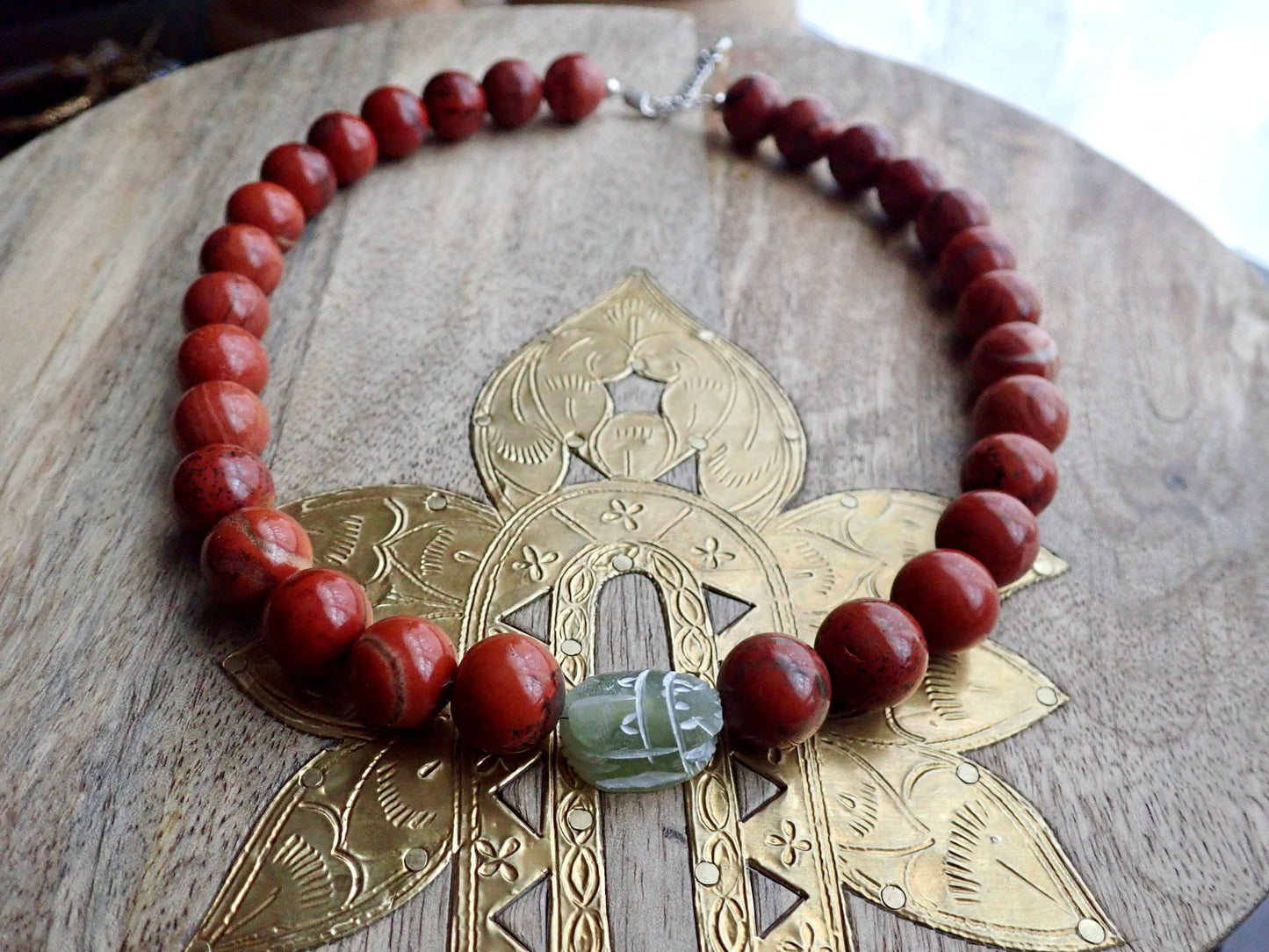 Red Jasper Scarab Necklace, Chunky Beaded Necklace, Scarab Necklace, Gemstone Statement Necklace, Serpentine Pendant, Egyptian Jewelry