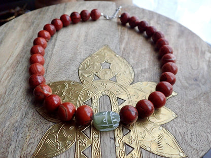 Red Jasper Scarab Necklace, Chunky Beaded Necklace, Scarab Necklace, Gemstone Statement Necklace, Serpentine Pendant, Egyptian Jewelry