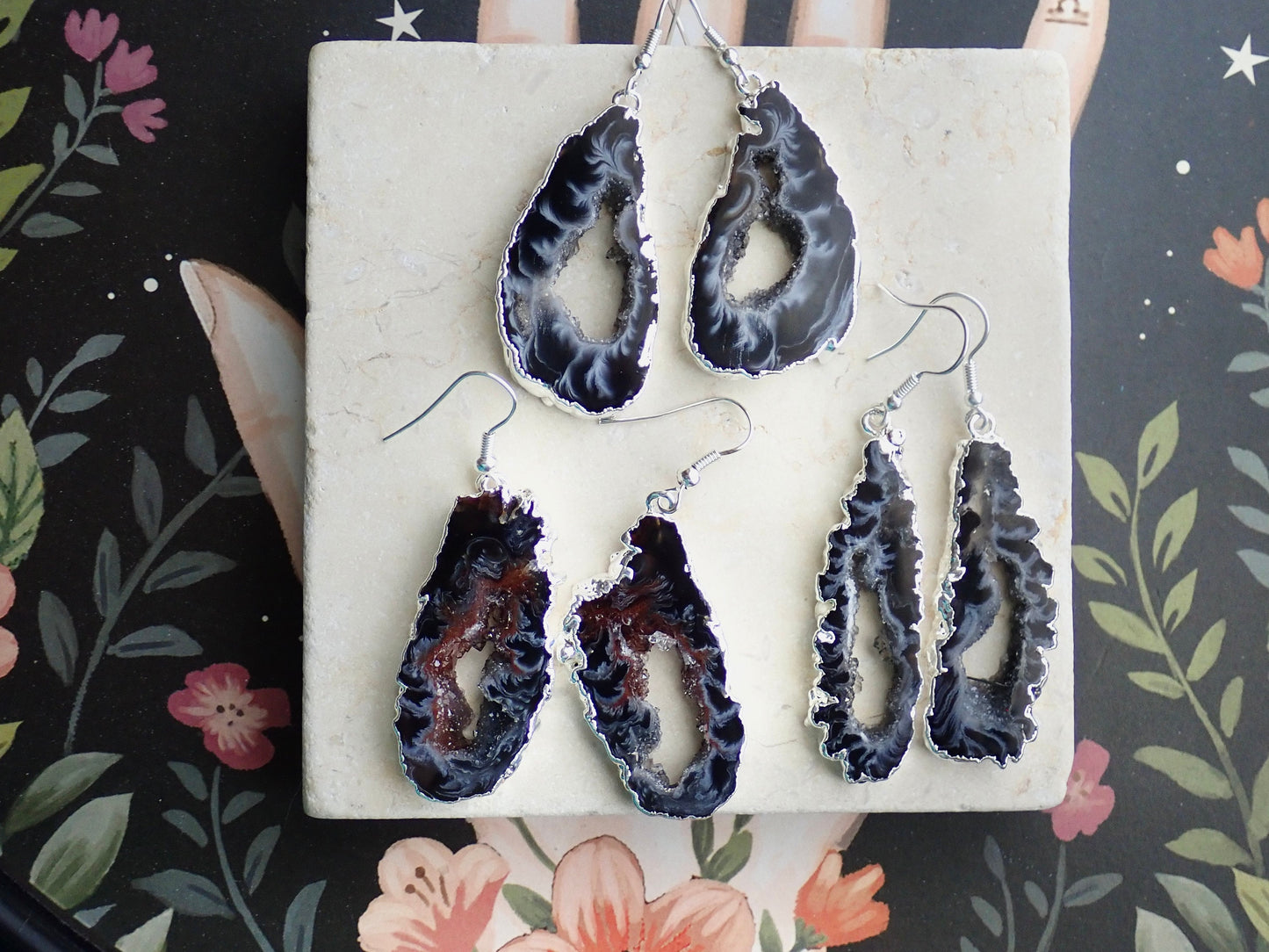 Geode Slicee Earrings Silver, | Boho Agate Crystal Jewelry