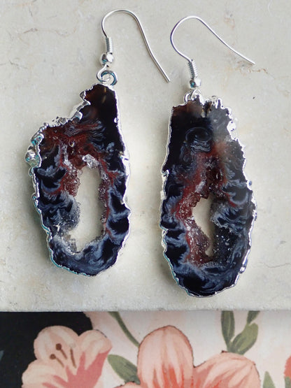 Geode Slicee Earrings Silver, | Boho Agate Crystal Jewelry
